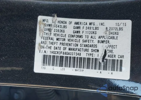 2016 Honda Accord Ex-L V-6 z USA, uszkodzony, nr VIN 1HGCR3F88GA007348